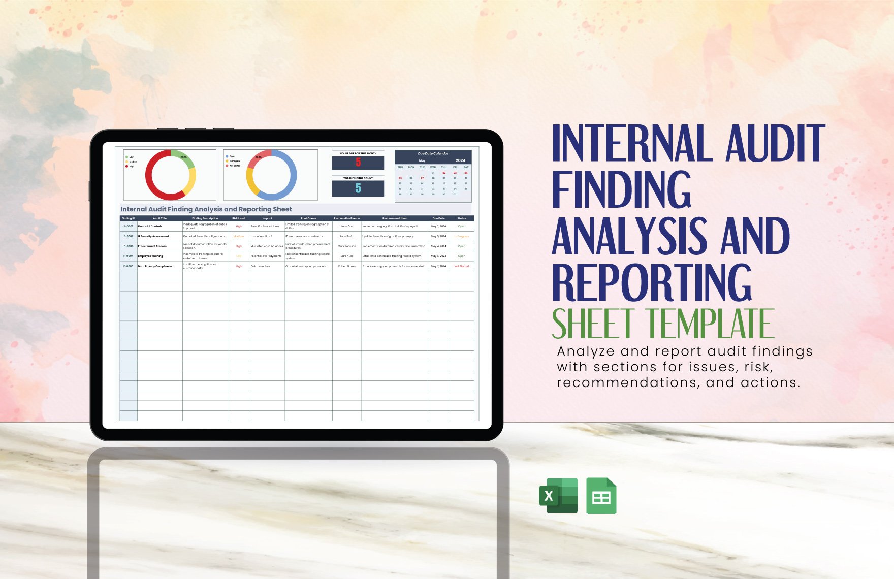 Internal Audit Finding Analysis and Reporting Sheet Template in Excel, Google Sheets