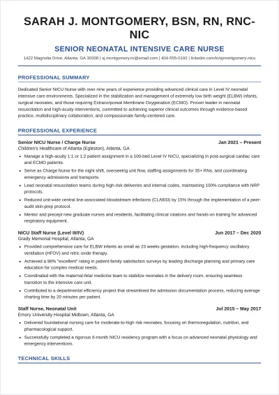 Free NICU Nurse ATS Resume Template, AI Resume Builder