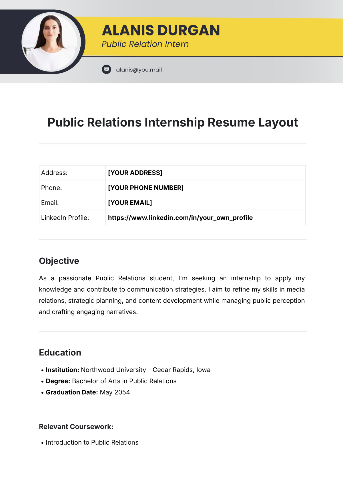 Public Relations Internship Resume Layout Template - Edit Online & Download