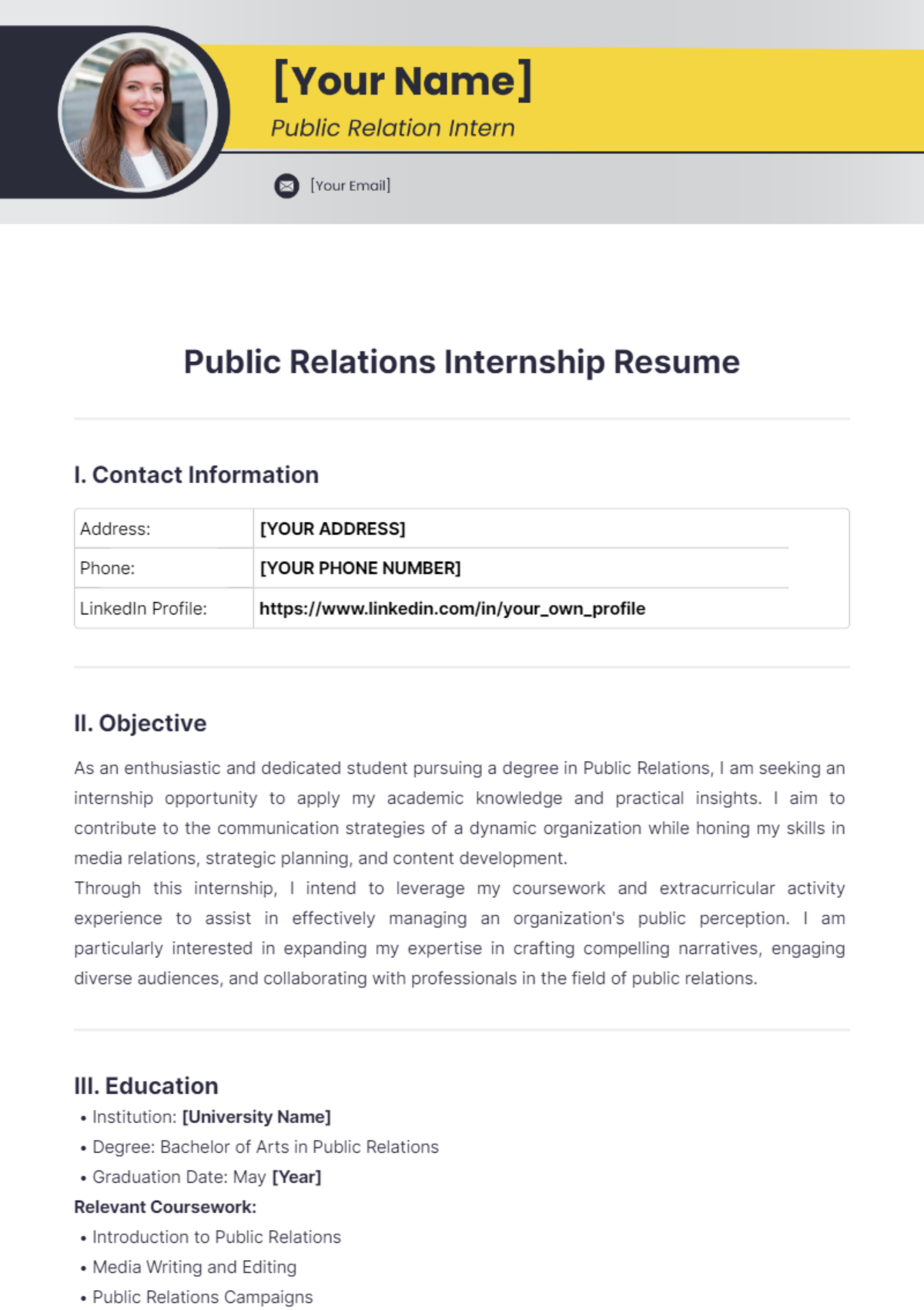 Public Relations Internship Resume - Edit Online & Download