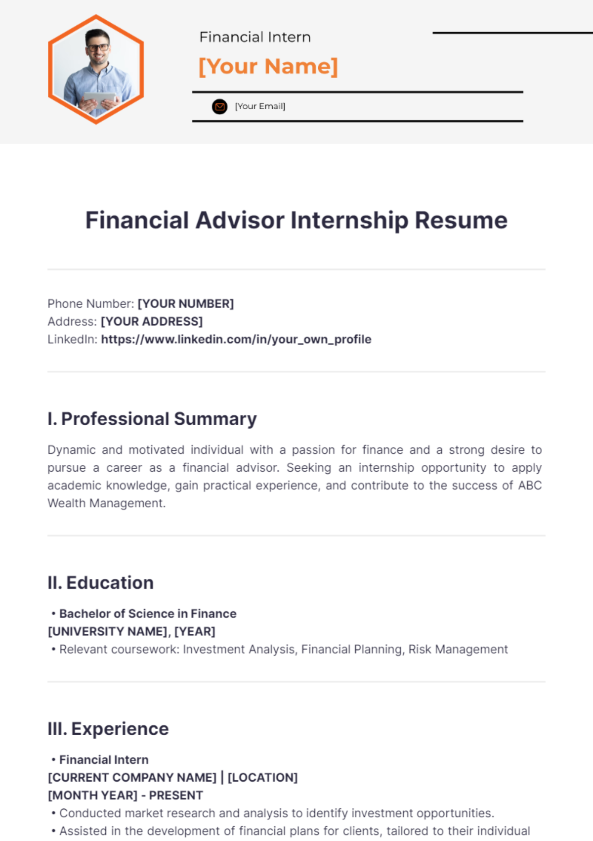 Financial Advisor Internship Resume - Edit Online & Download