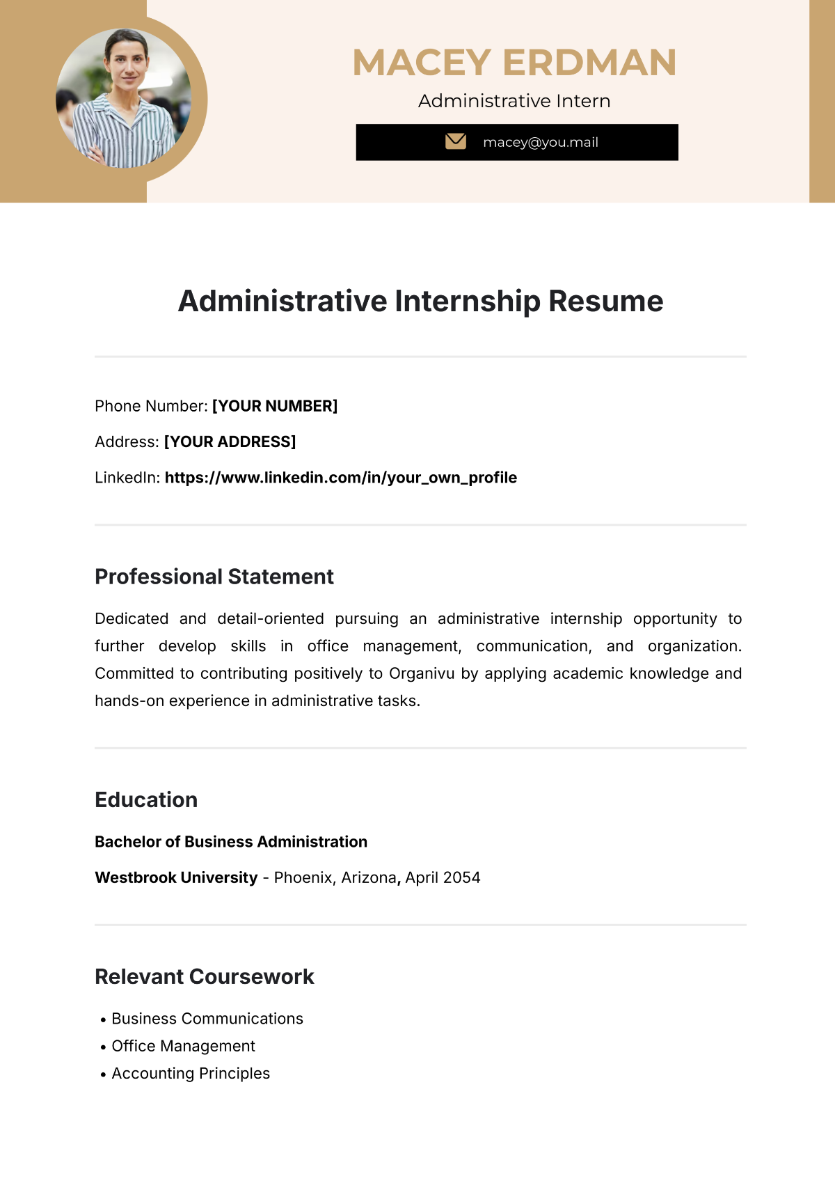 Administrative Internship Resume Template - Edit Online & Download