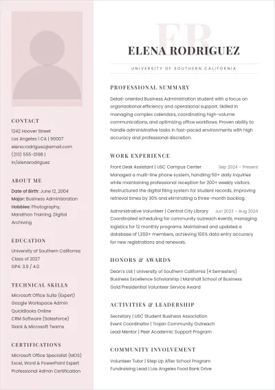 Free Administrative Internship ATS Resume Template, AI Resume Builder