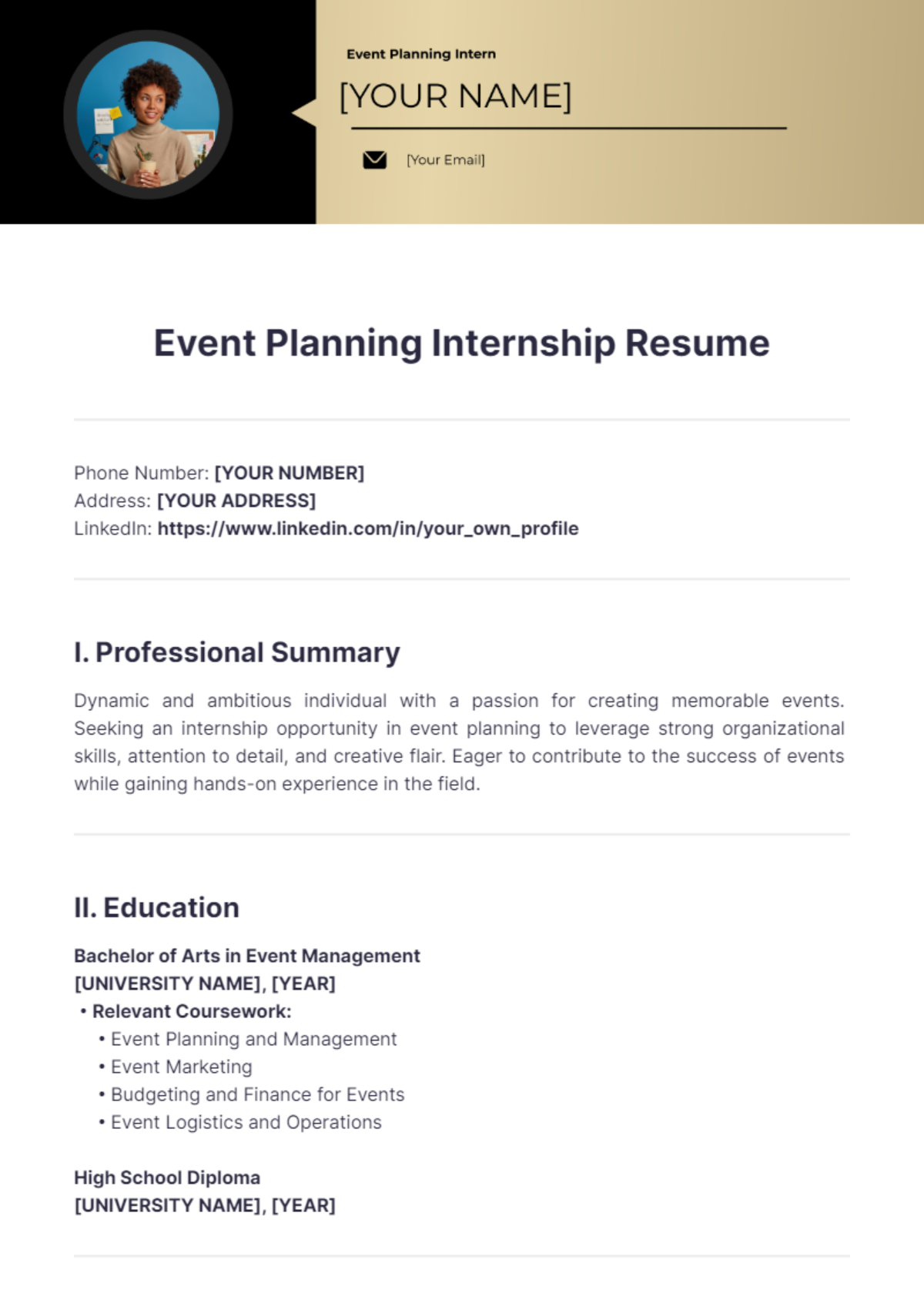 Event Planning Internship Resume - Edit Online & Download