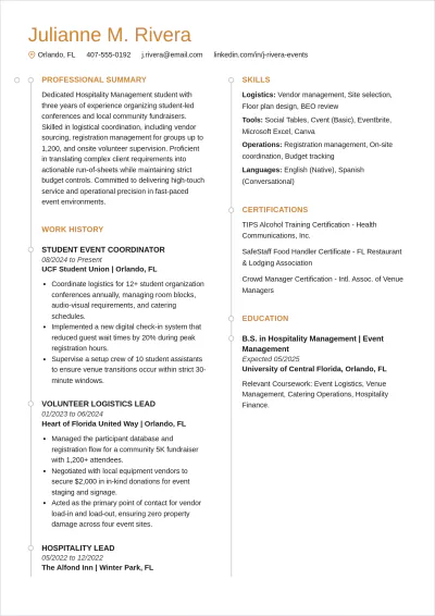Free Event Planning Internship ATS Resume Template, AI Resume Builder
