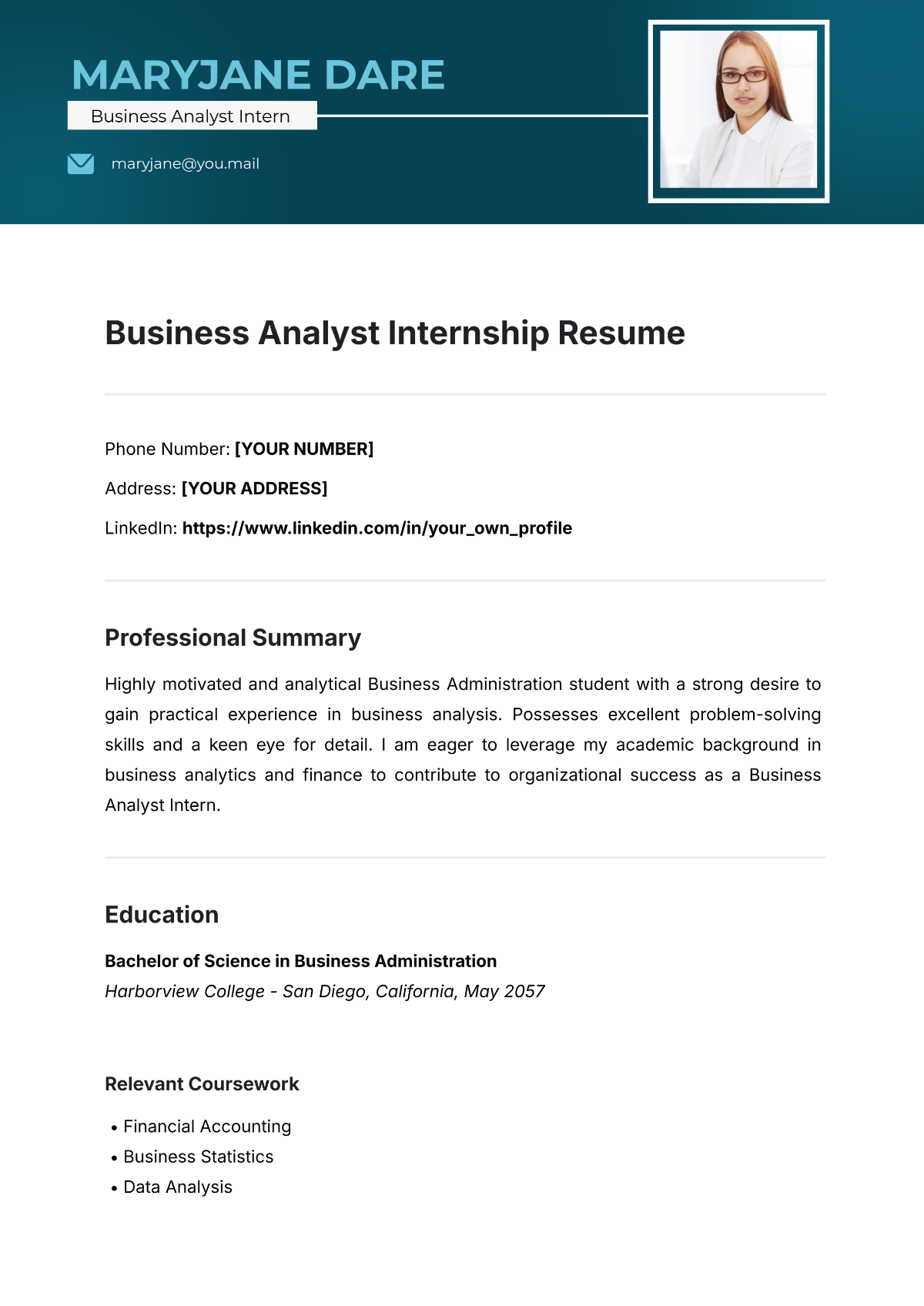 Business Analyst Internship Resume Template - Edit Online & Download