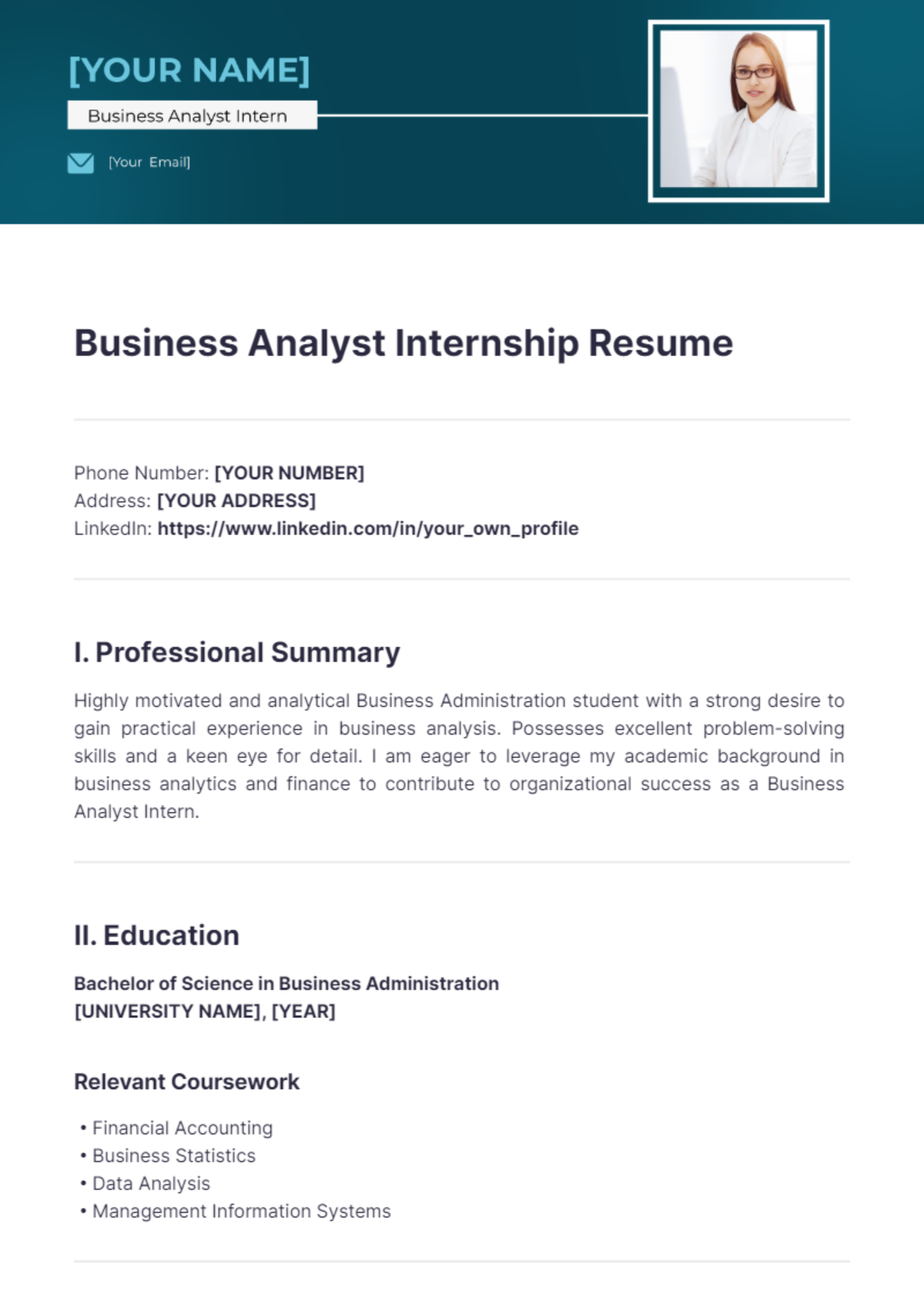 Business Analyst Internship Resume - Edit Online & Download