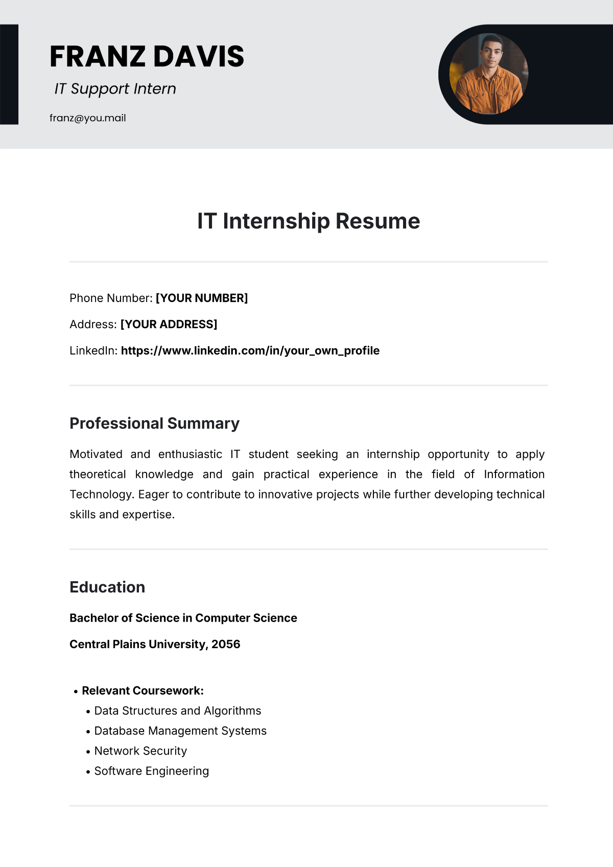 IT Internship Resume Template - Edit Online & Download