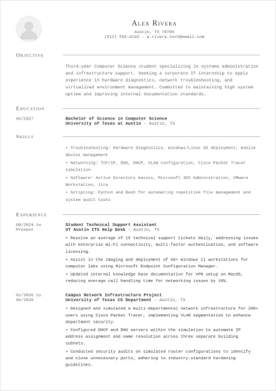 Free IT Internship ATS Resume Template, AI Resume Builder