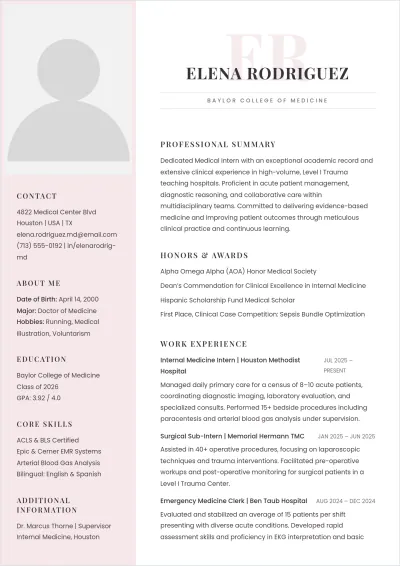 Free Medical Internship ATS Resume Template, AI Resume Builder