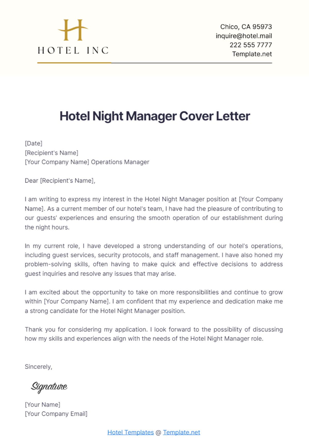 Hotel Night Manager Cover Letter Template - Edit Online & Download