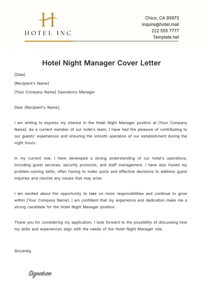 Free Hotel Night Manager Cover Letter Template to Edit Online