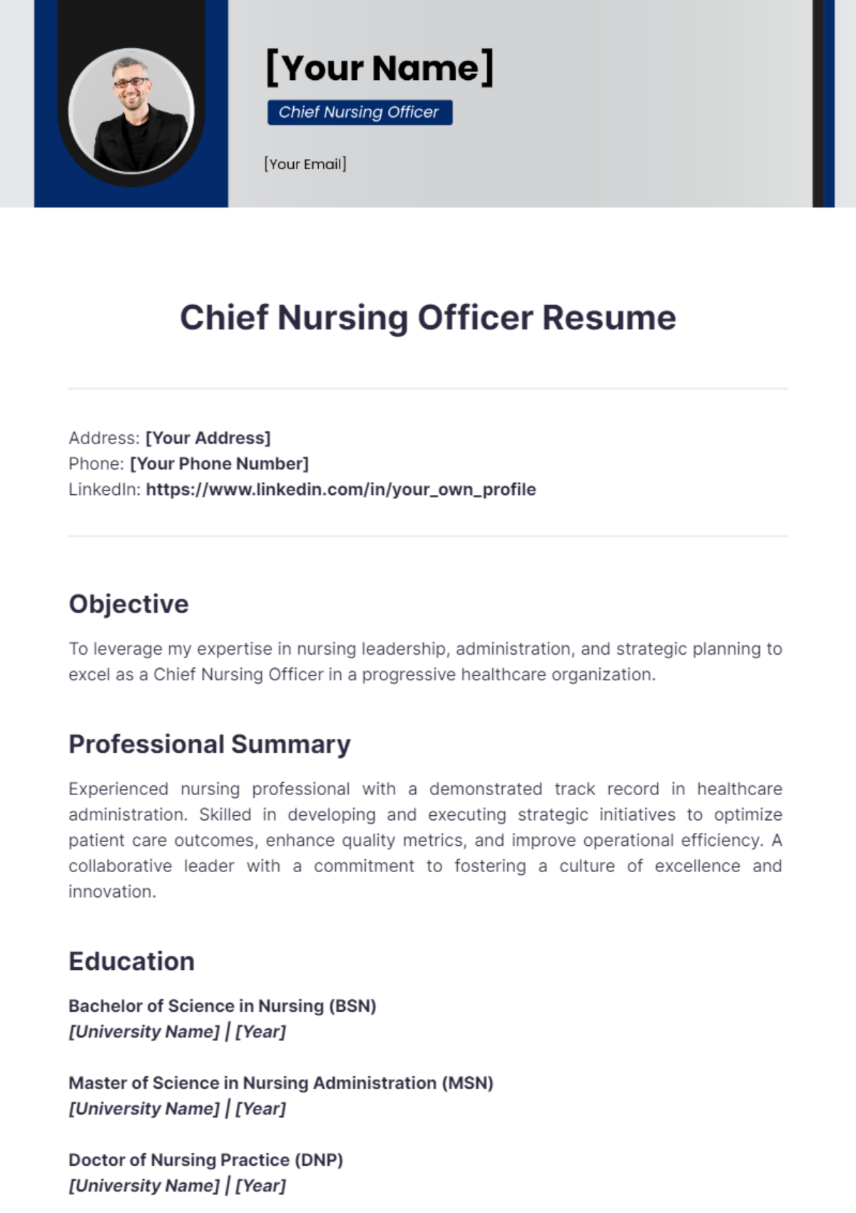 Chief Nursing Officer Resume - Edit Online & Download