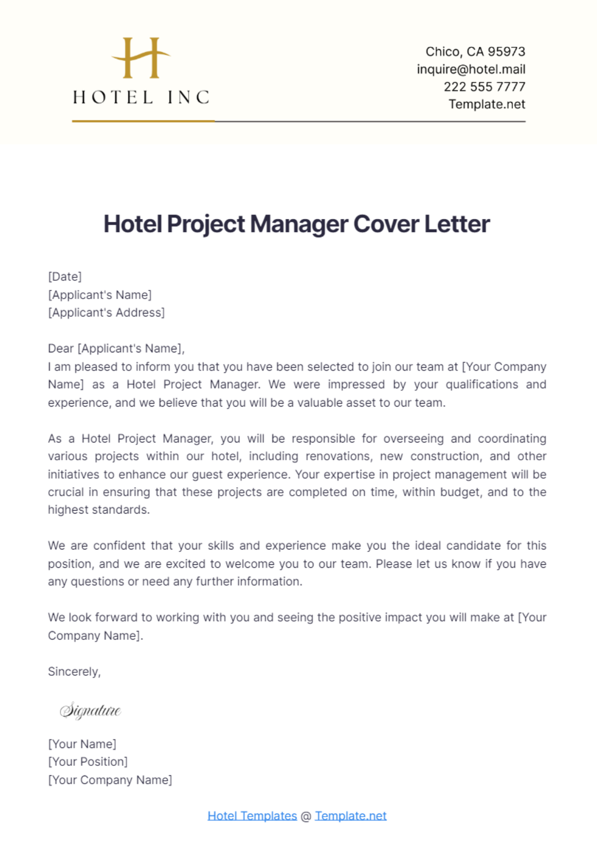 Hotel Project Manager Cover Letter Template - Edit Online & Download