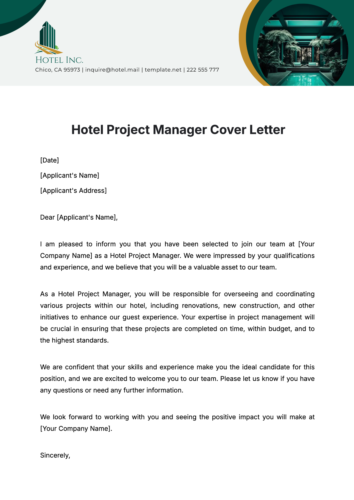 Free Hotel Project Manager Cover Letter Template