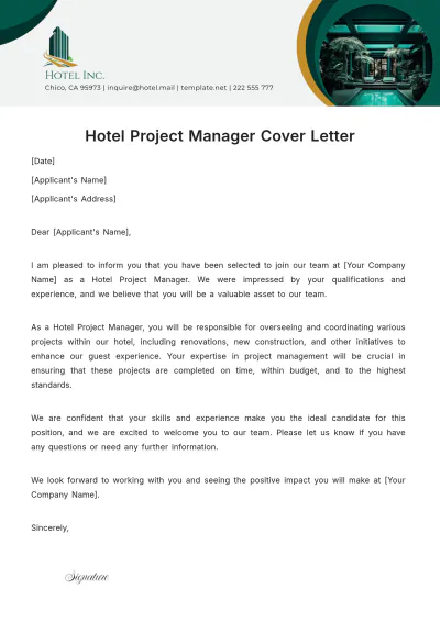 Free Hotel Project Manager Cover Letter Template to Edit Online