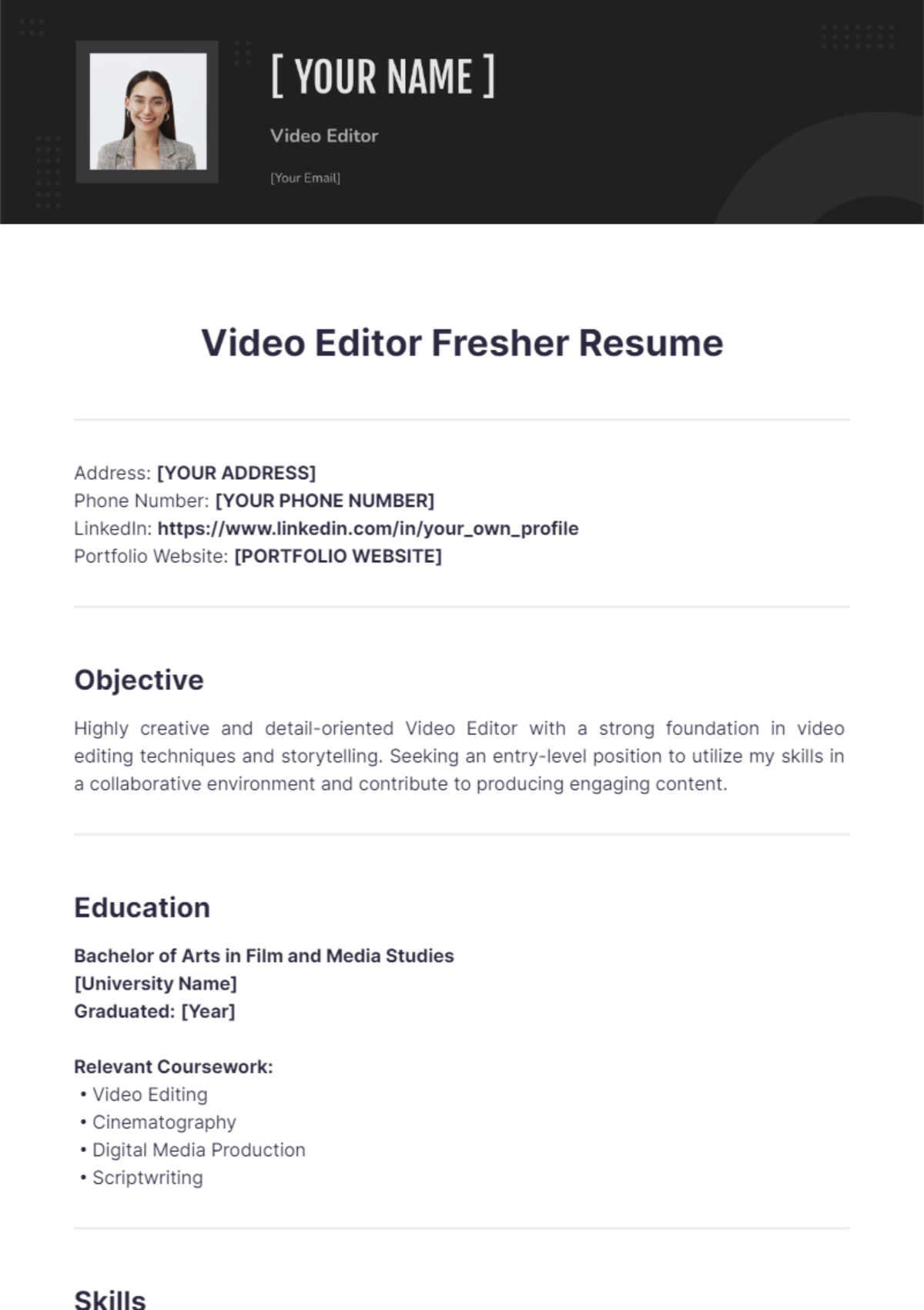 Video Editor Fresher Resume