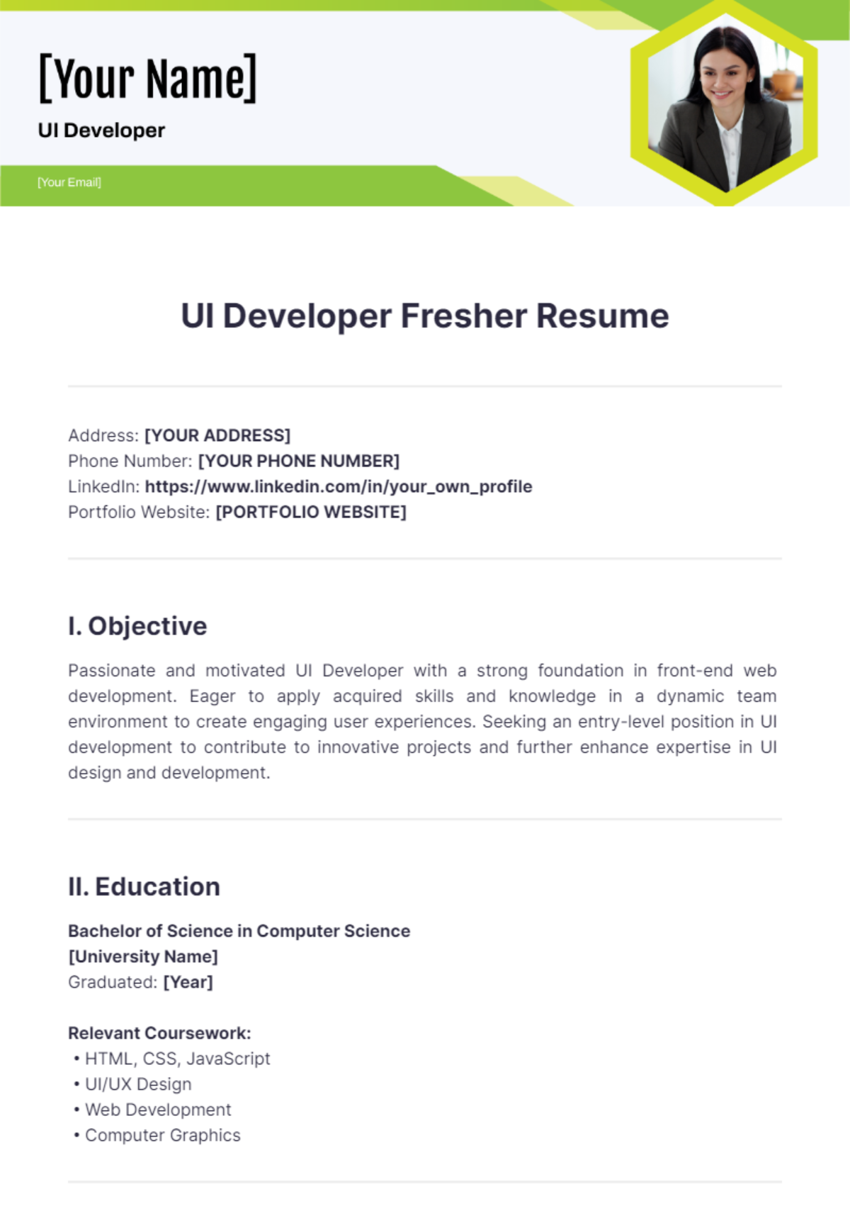 UI Developer Fresher Resume - Edit Online & Download