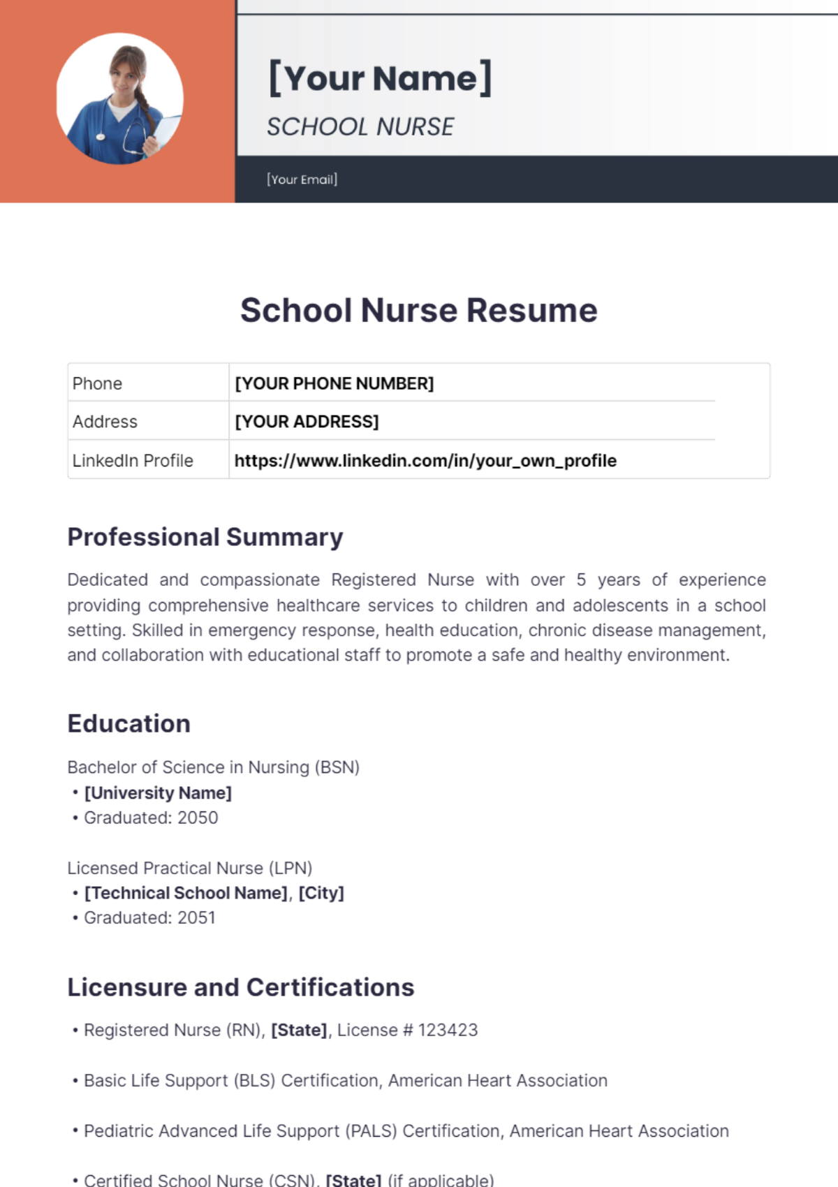 School Nurse Resume - Edit Online & Download