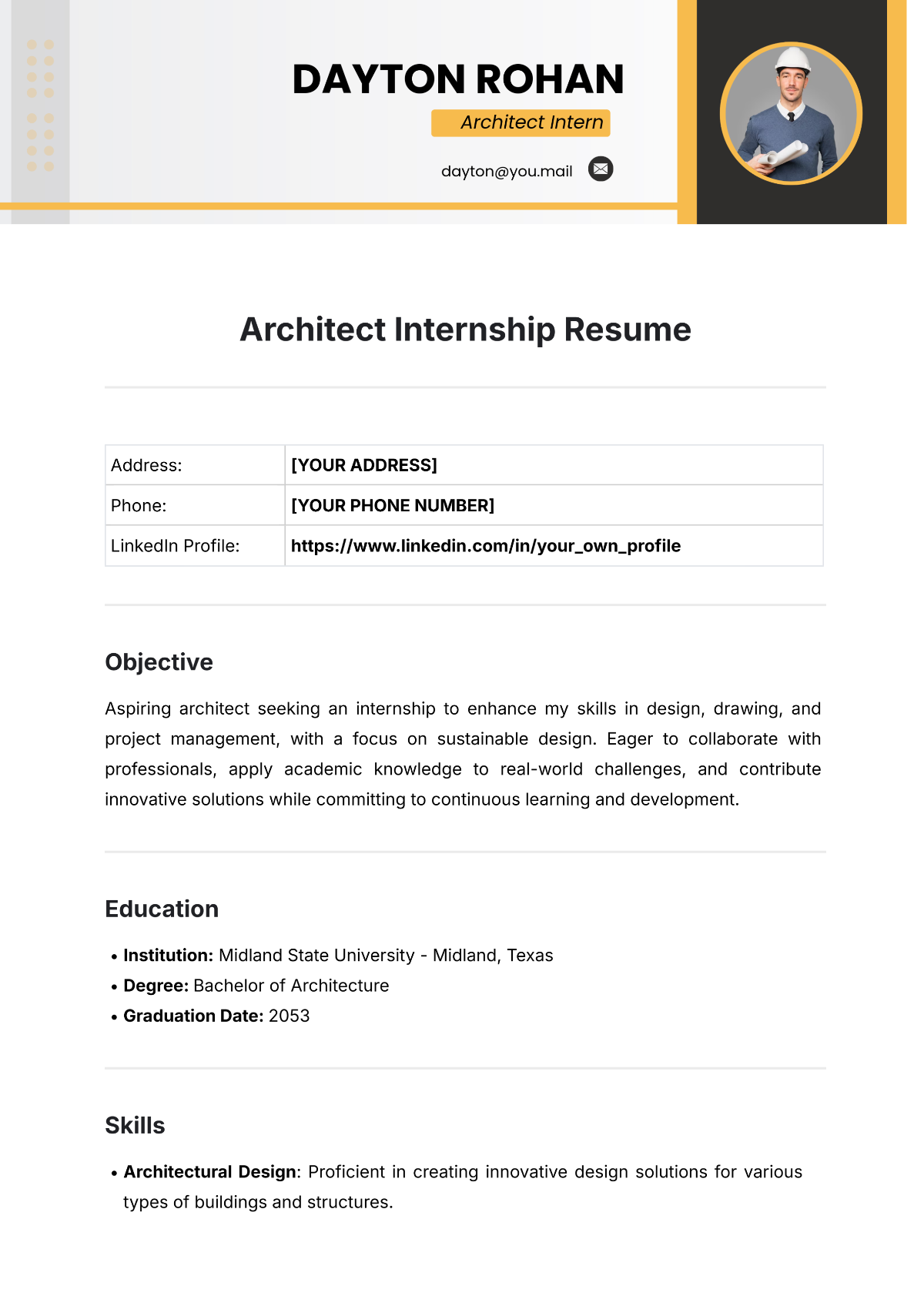 Architect Internship Resume Template - Edit Online & Download