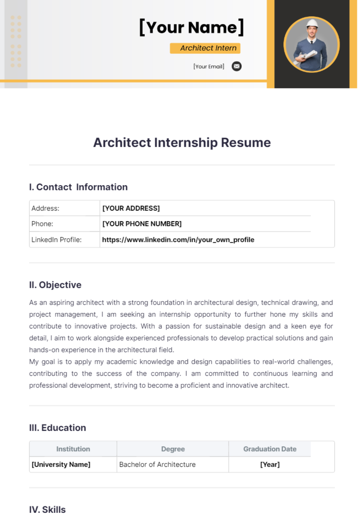 Architect Internship Resume - Edit Online & Download