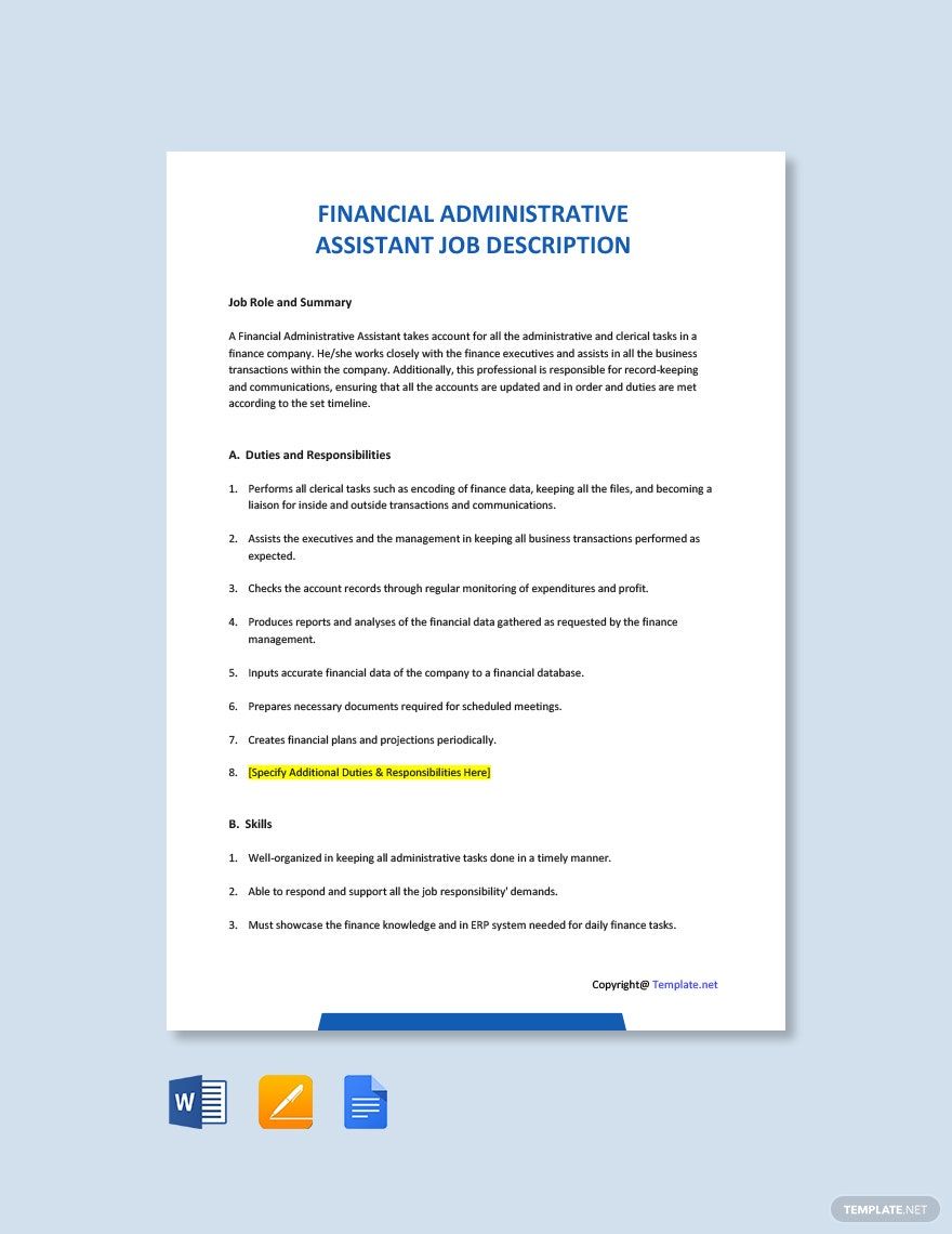 Financial Administrative Assistant Job Ad/Description Template