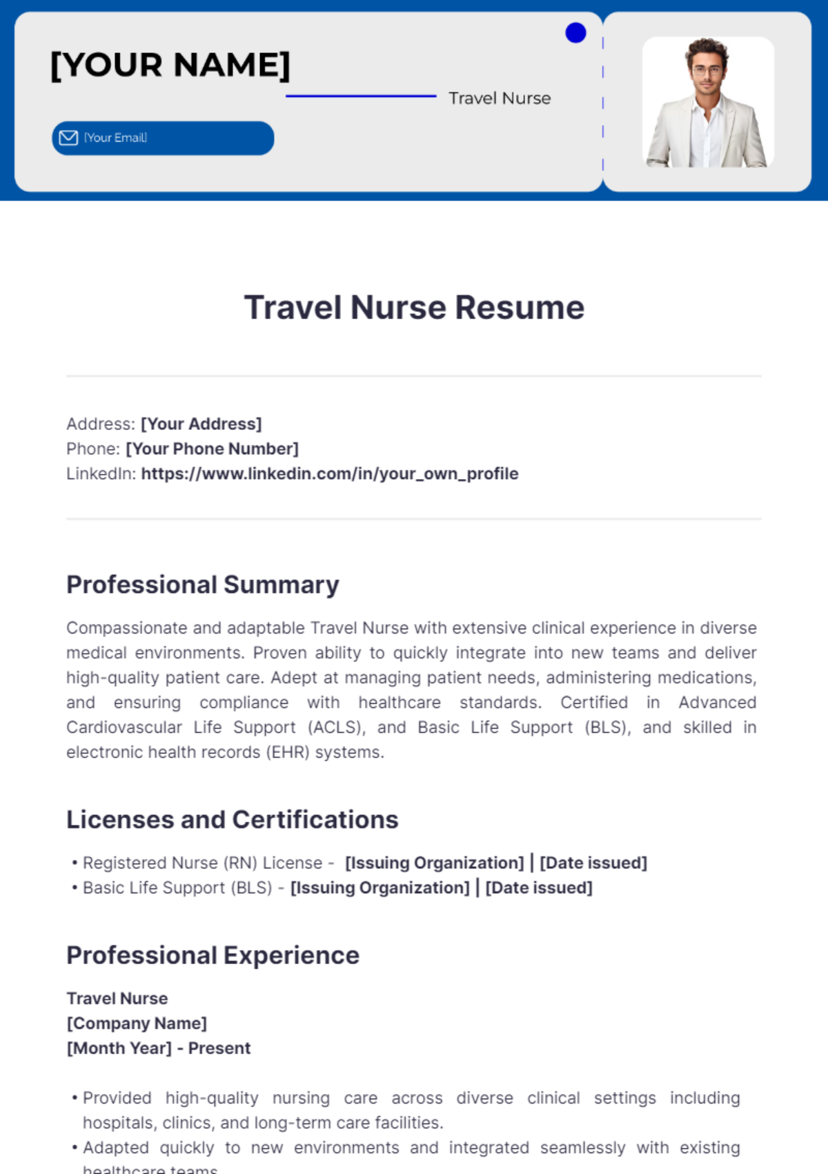 Free Travel Nurse Resume Template to Edit Online