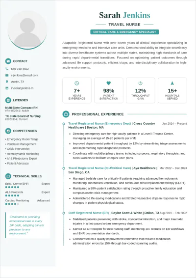 Free Travel Nurse ATS Resume Template, AI Resume Builder