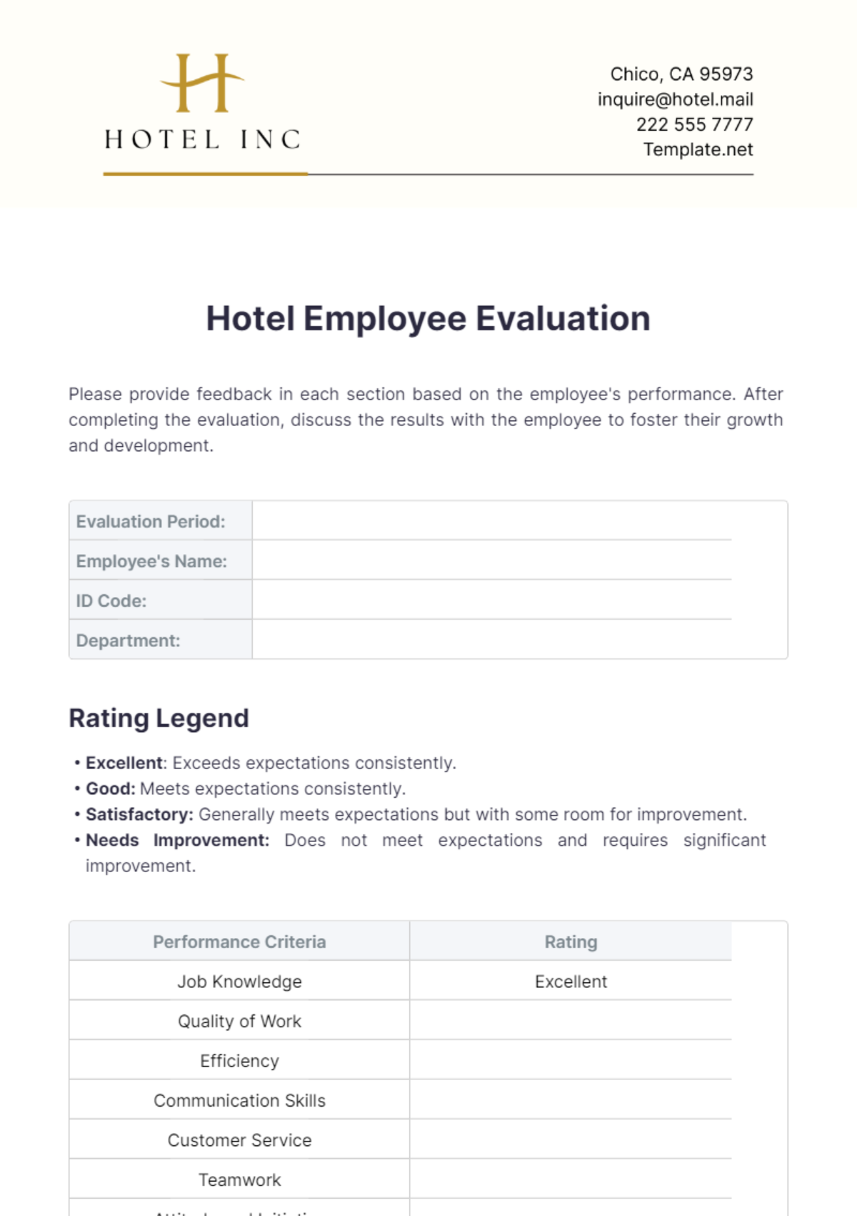 Hotel Employee Evaluation Template - Edit Online & Download