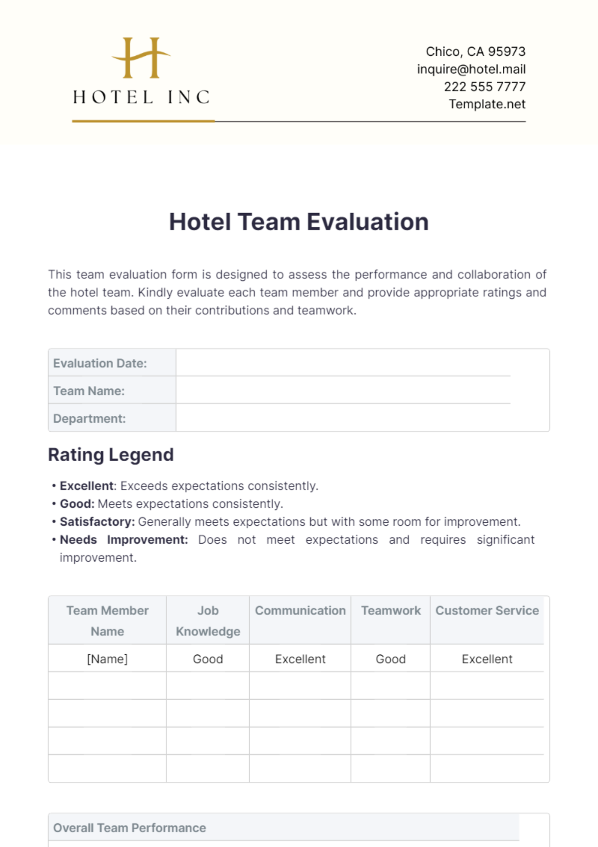 Hotel Team Evaluation Template - Edit Online & Download