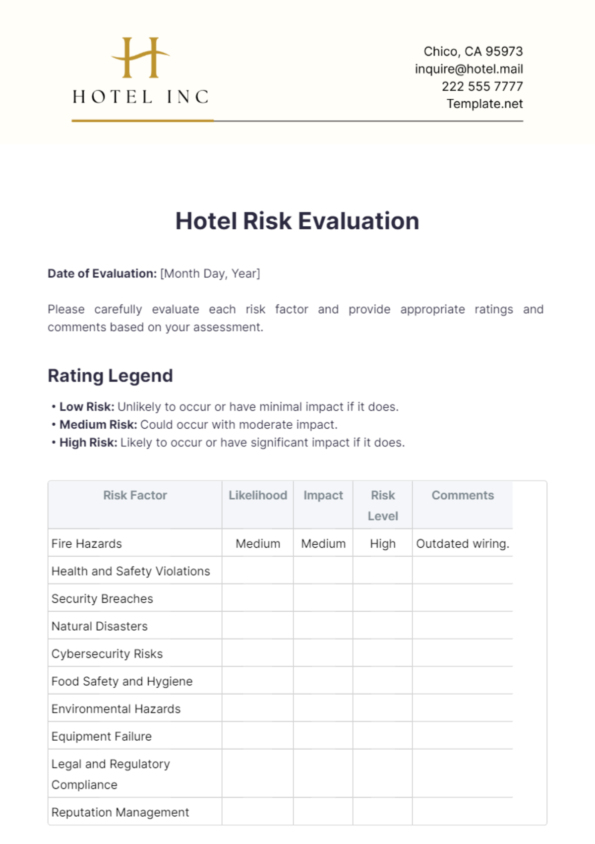 Hotel Risk Evaluation Template - Edit Online & Download