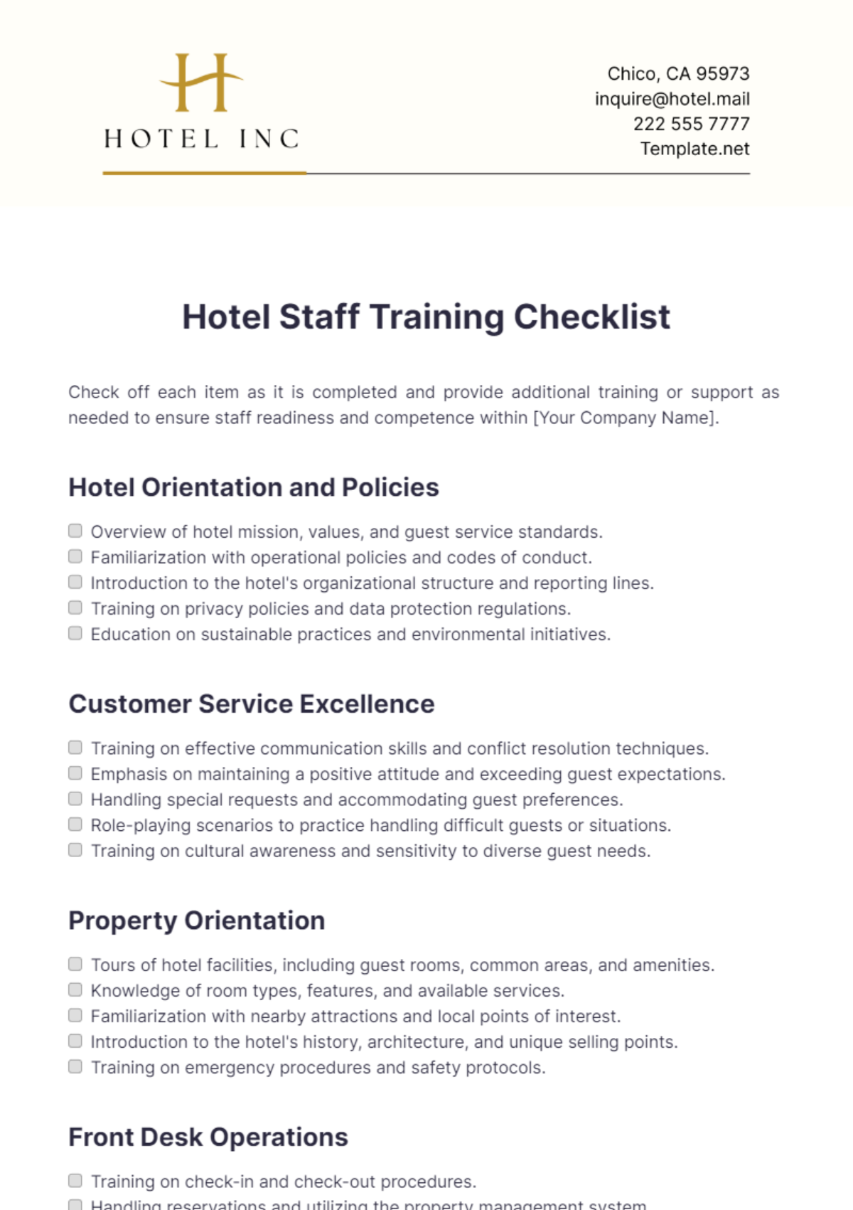 Free Hotel Staff Training Checklist Template