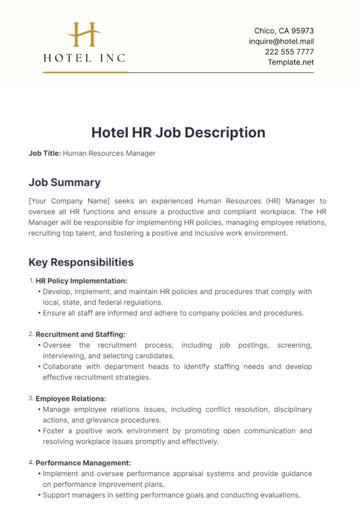 Hotel HR Job Description Template - Edit Online & Download