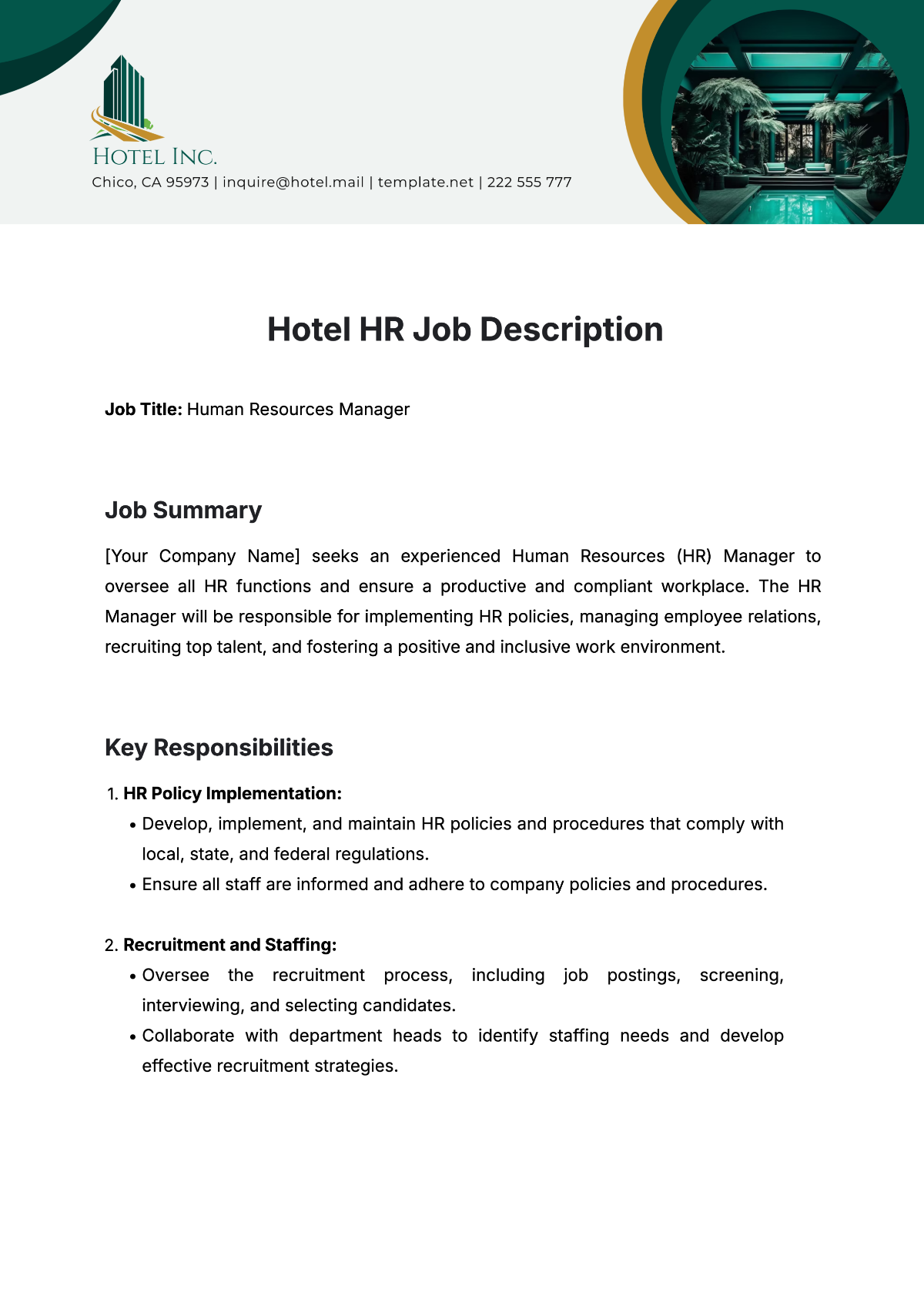 Free Hotel HR Job Description Template