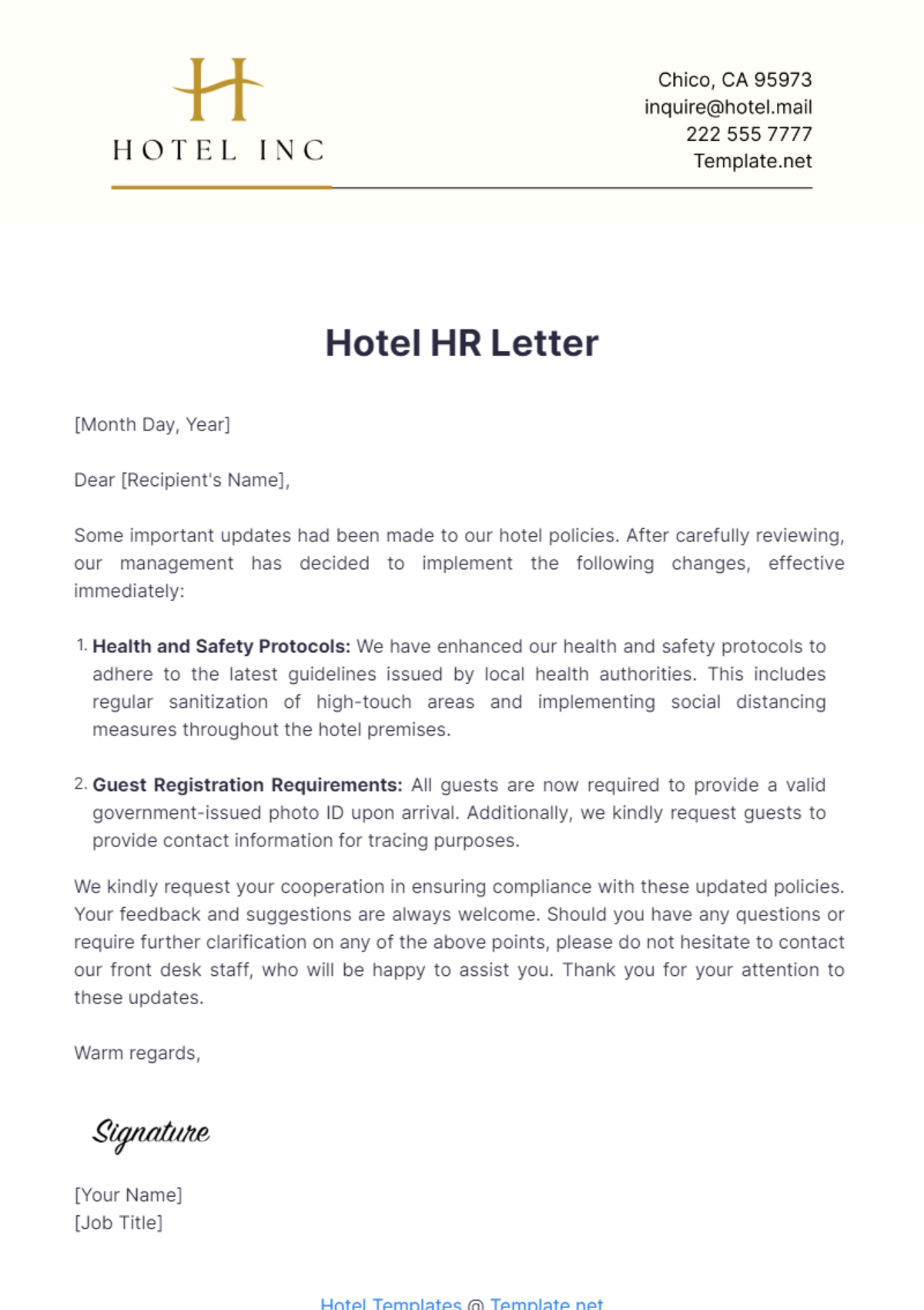 Hotel HR Letter Template - Edit Online & Download