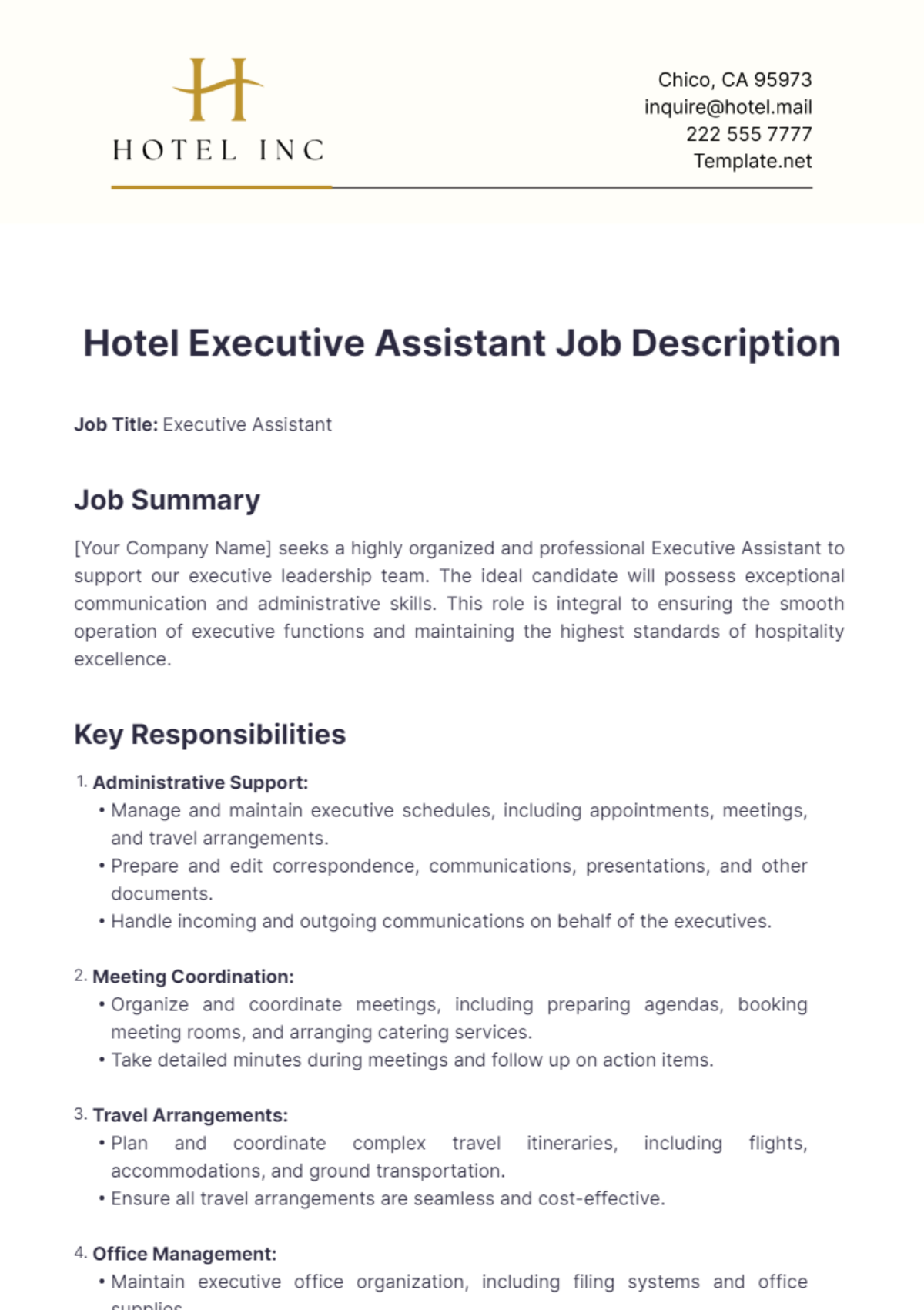 Hotel Executive Assistant Job Description Template - Edit Online & Download