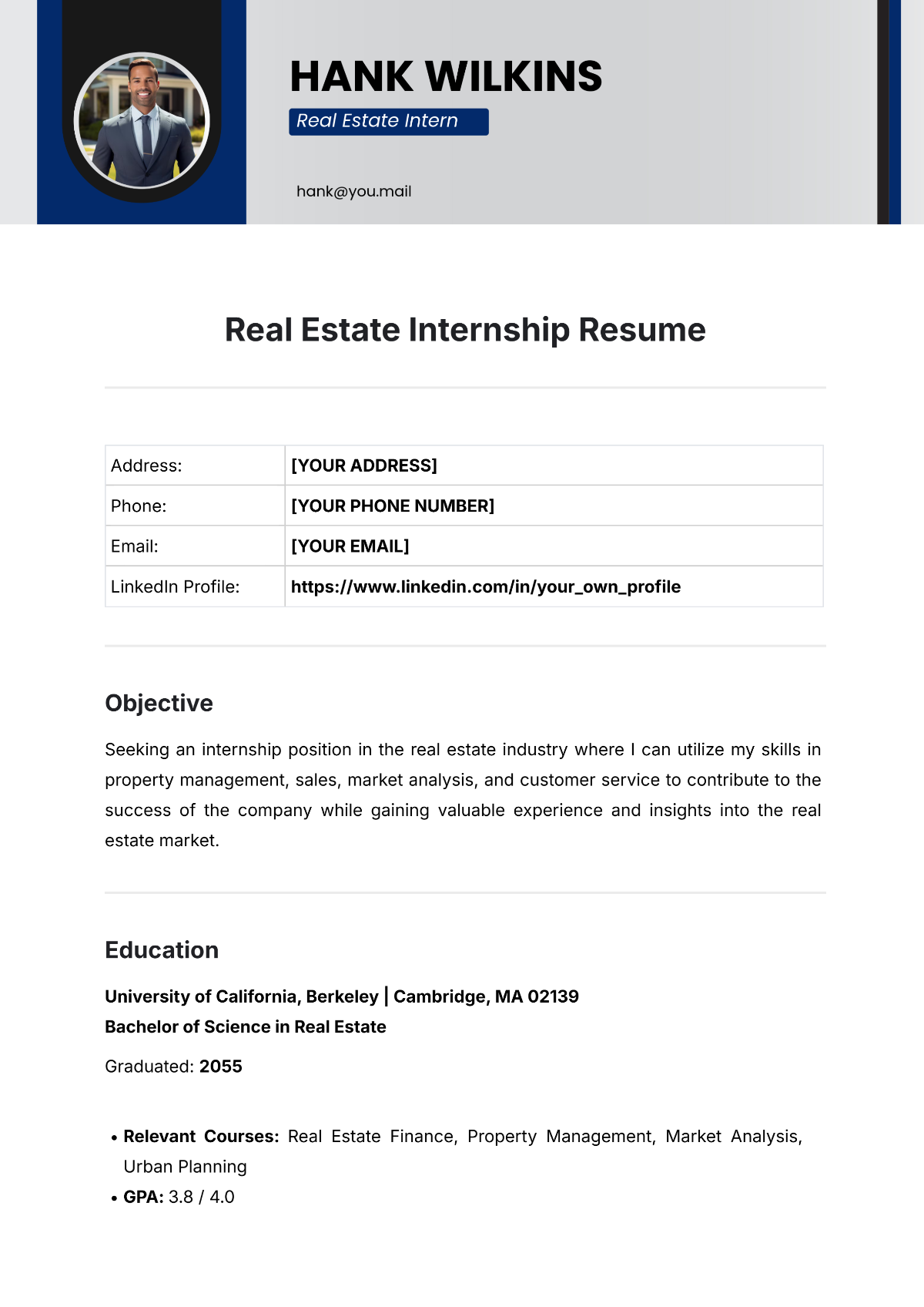 Real Estate Internship Resume Template - Edit Online & Download