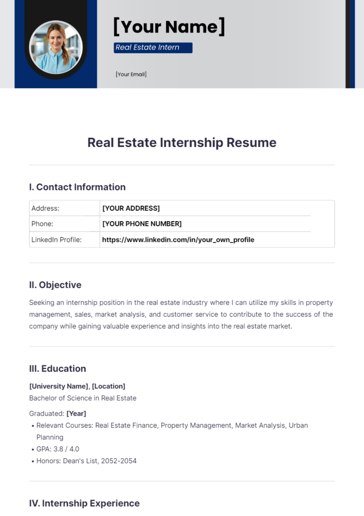 Real Estate Internship Resume - Edit Online & Download