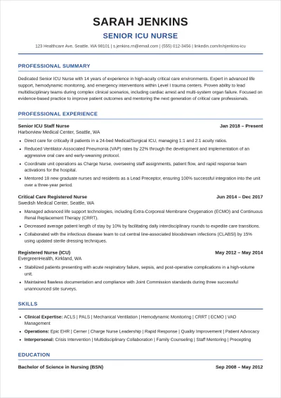 Free ICU Nurse ATS Resume Template, AI Resume Builder