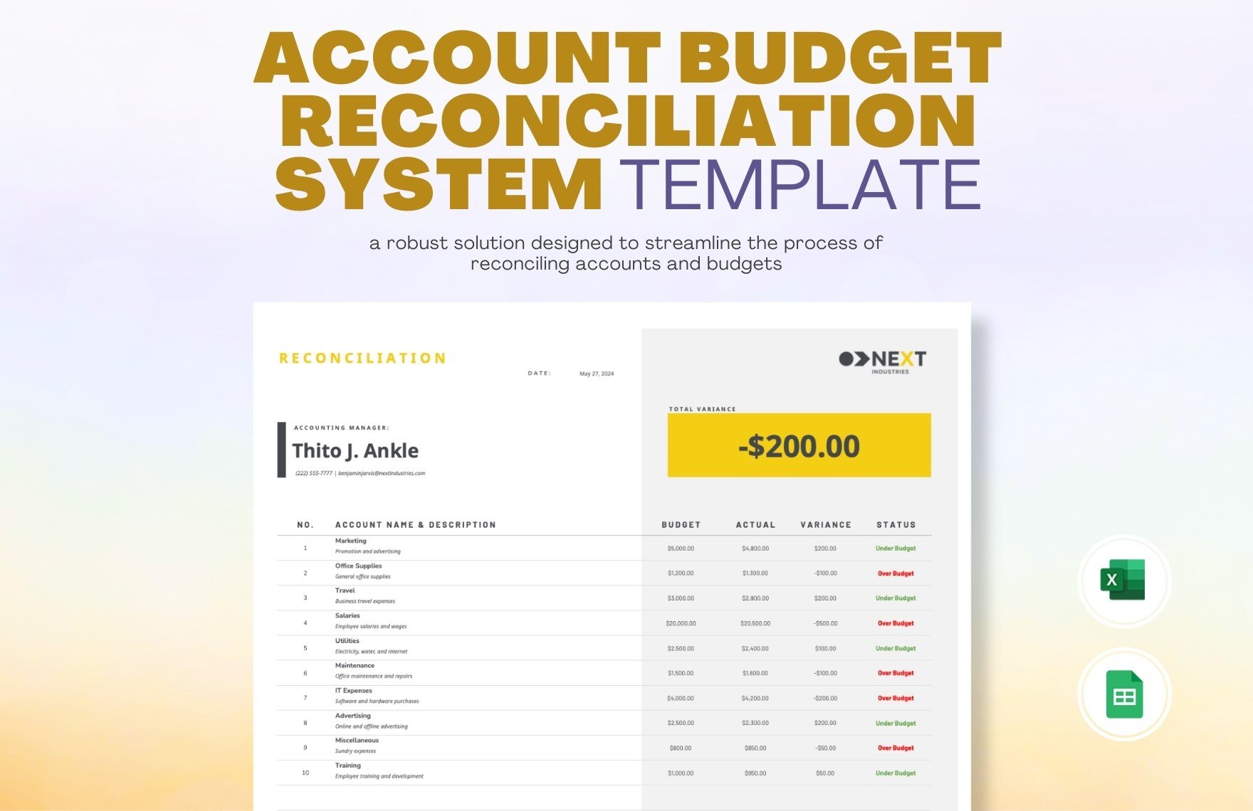 Account Budget Reconciliation System Template in Excel, Google Sheets