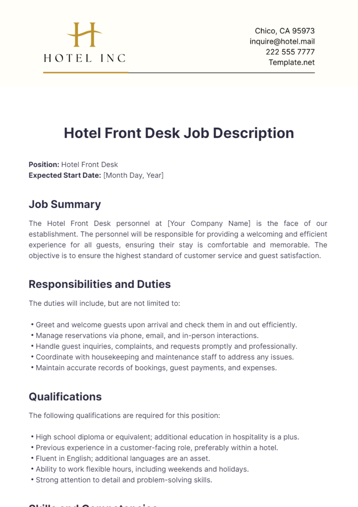 Hotel Front Desk Job Description Template - Edit Online & Download