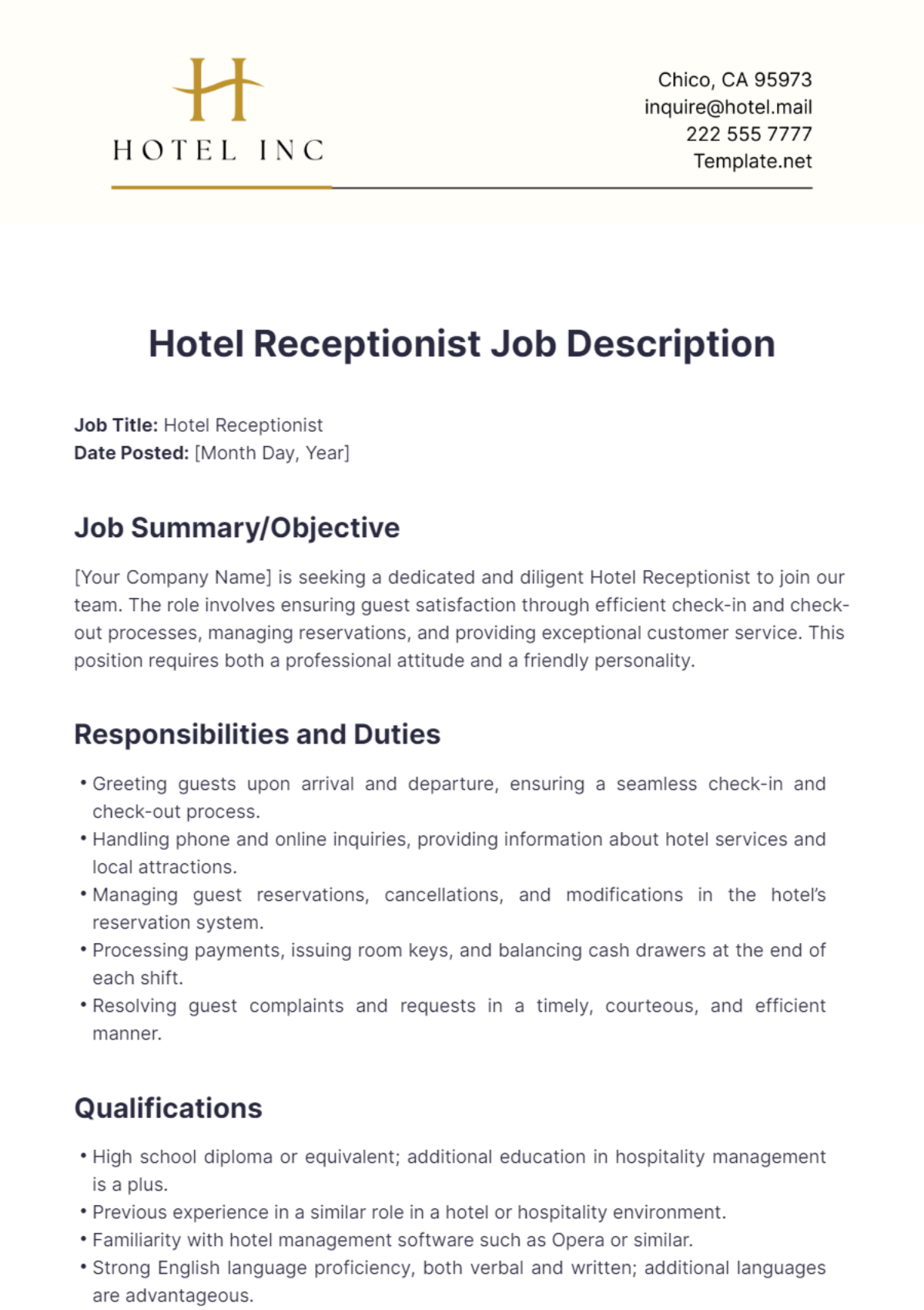 Hotel Receptionist Job Description Template - Edit Online & Download