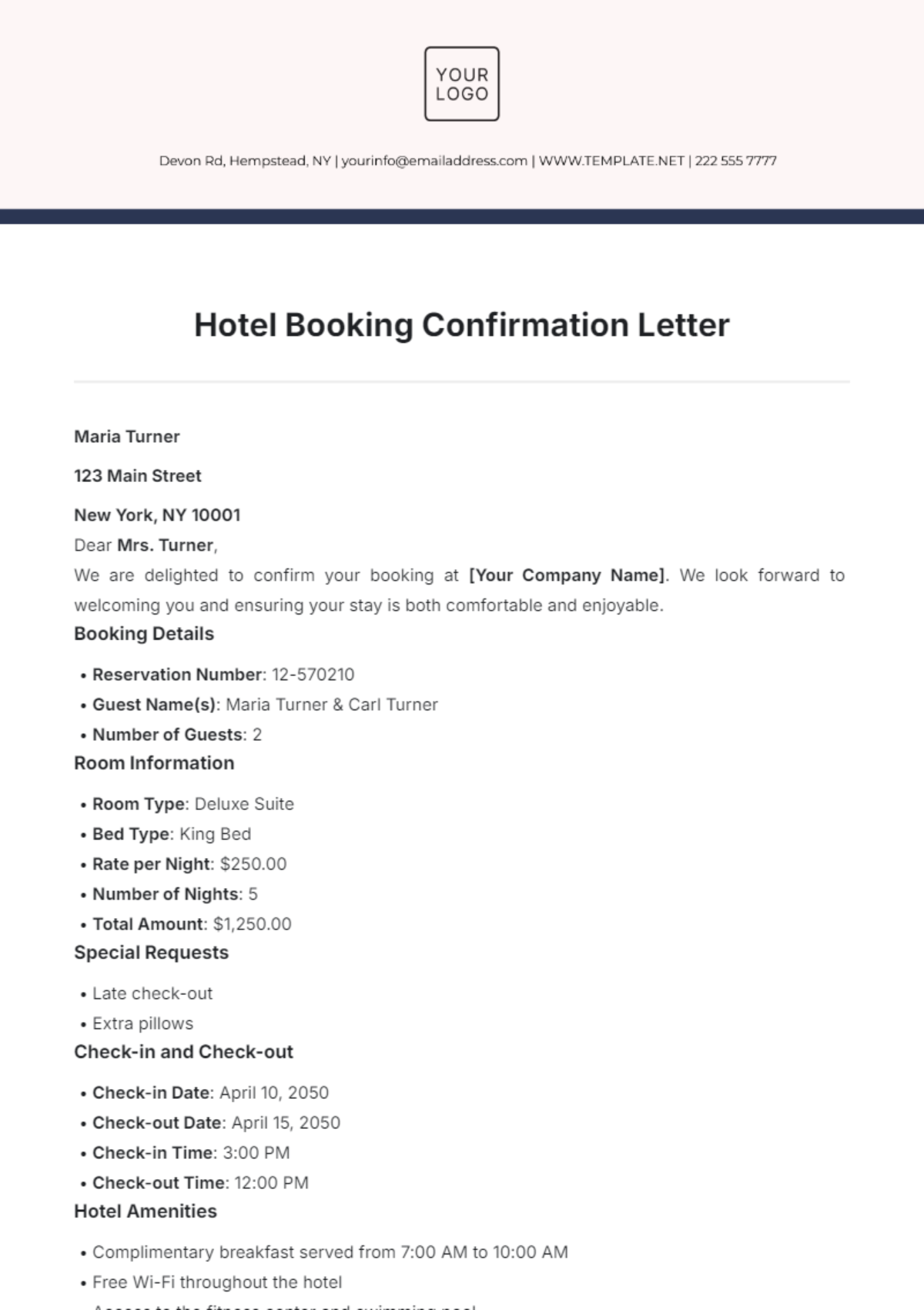 Hotel Booking Confirmation Letter Template - Edit Online & Download