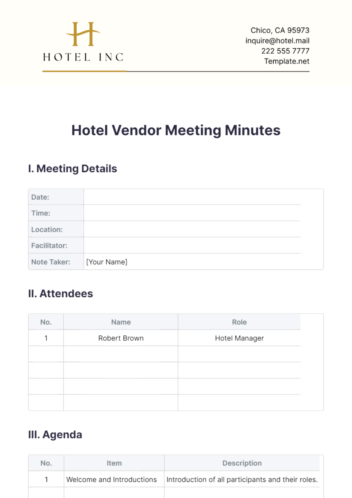 Hotel Vendor Meeting Minutes Template - Edit Online & Download