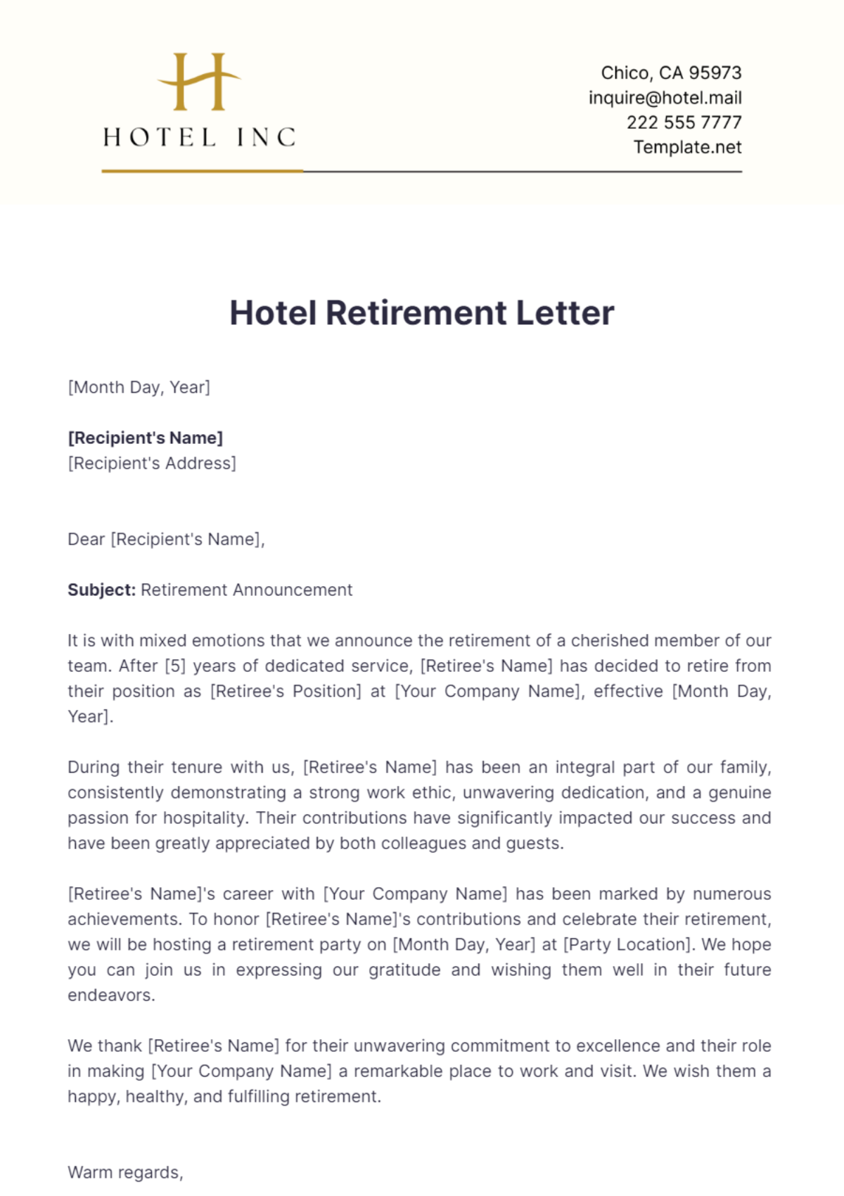 Hotel Retirement Letter Template - Edit Online & Download