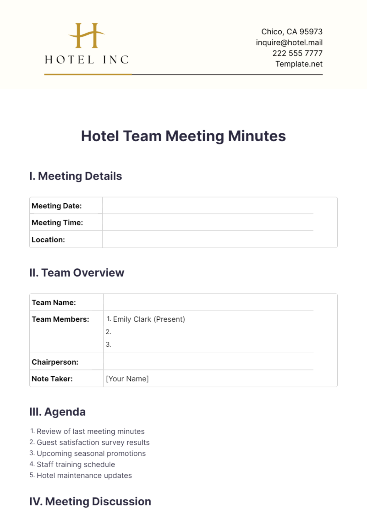 Hotel Team Meeting Minutes Template - Edit Online & Download