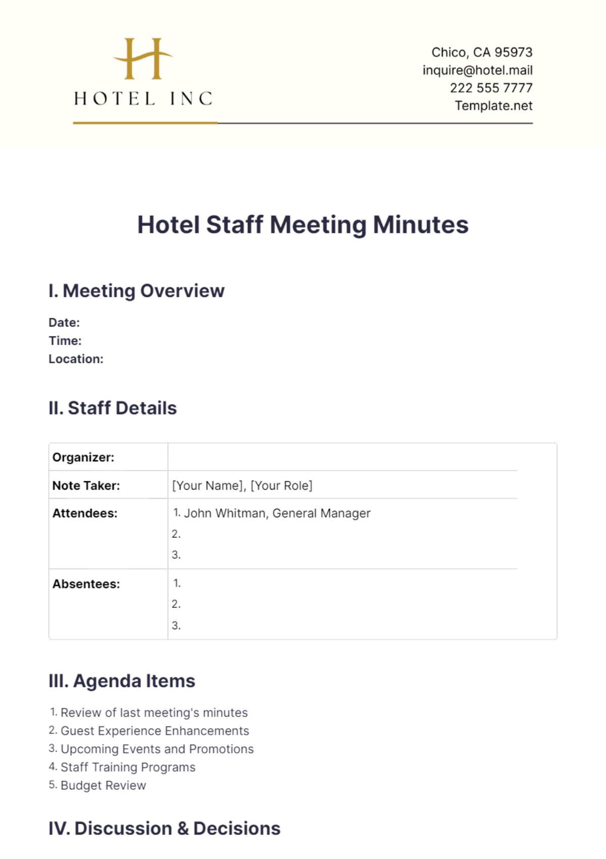 Hotel Staff Meeting Minutes Template - Edit Online & Download