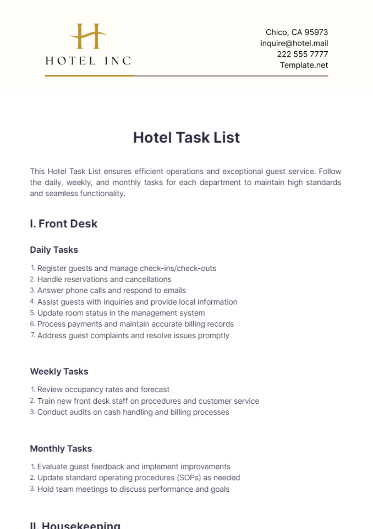 Hotel Task List Template - Edit Online & Download