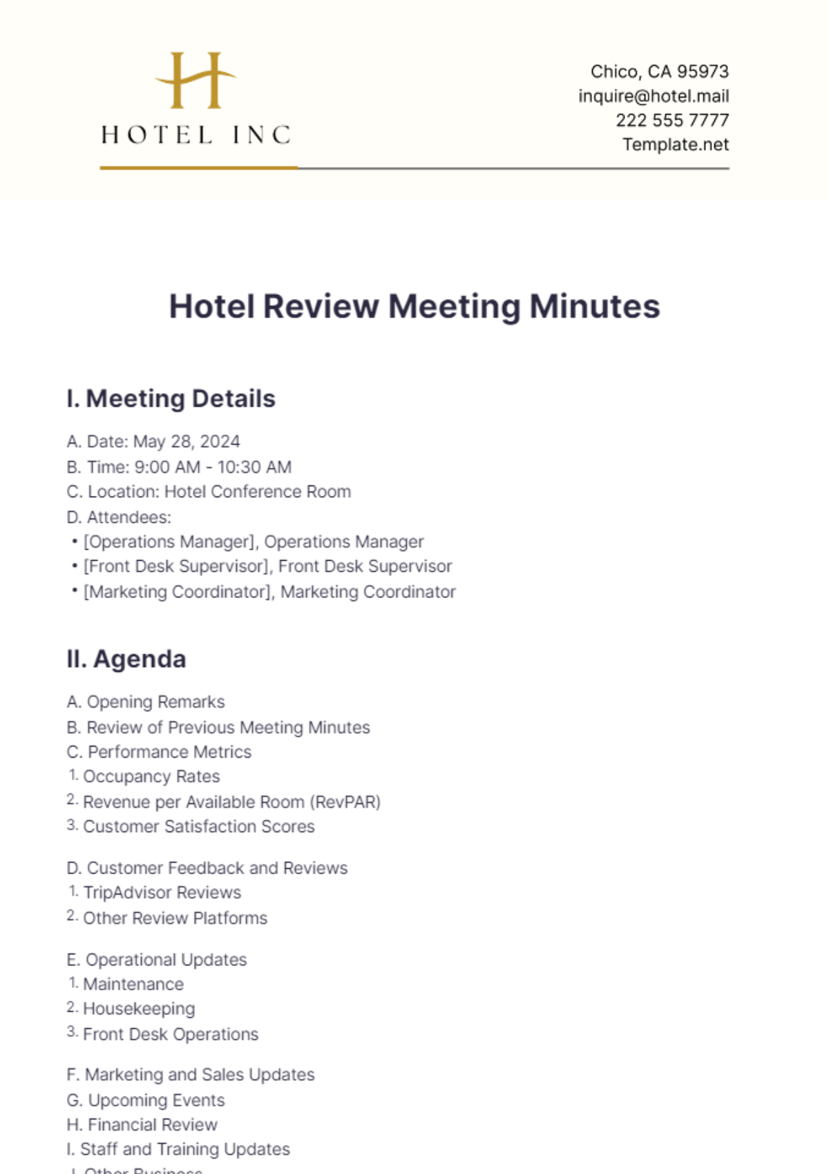 Hotel Review Meeting Minutes Template - Edit Online & Download