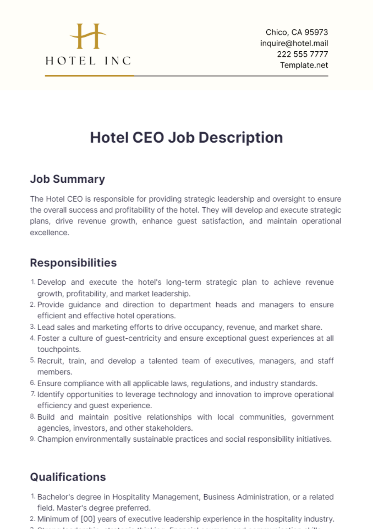 Hotel CEO Job Description Template - Edit Online & Download